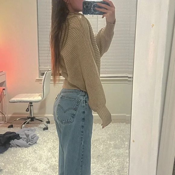 Anthropologie Tan Ribbed Slouchy Mock Neck Sweater - Picture 2 of 9